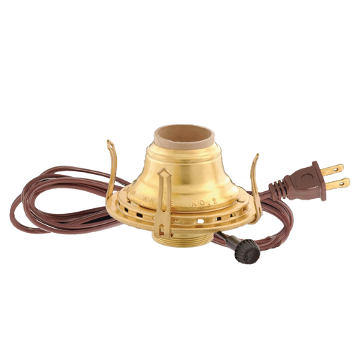 Solid brass electrified burner with 1-3/16" threaded base for 3" chimneys, featuring UL listed brown cord with arrow-shaped prongs, suited for Lamps & Lighting, Parts and Accessories, and Electric Conversion collections.