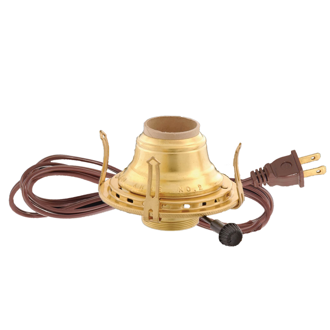 Solid brass electrified burner with 1-3/16" threaded base for 3" chimneys, featuring UL listed brown cord with arrow-shaped prongs, suited for Lamps & Lighting, Parts and Accessories, and Electric Conversion collections.