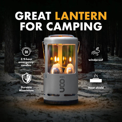 Compact sturdy aluminum 3-candle lantern with heat shield and windproof design, offering 9 hours of emergency light, ideal for camping, farm, garden, and outdoor use.