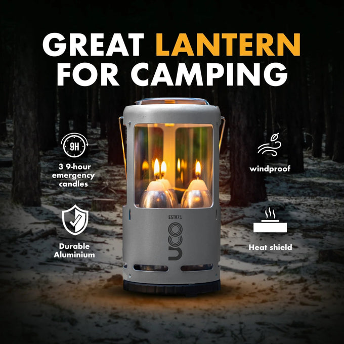Compact sturdy aluminum 3-candle lantern with heat shield and windproof design, offering 9 hours of emergency light, ideal for camping, farm, garden, and outdoor use.