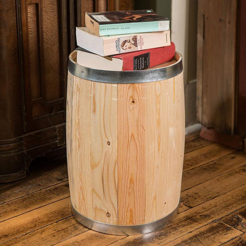 Rustic wooden keg with metal bands used as a side table topped with books, suitable for Home & Decor, Indoor Furniture, USA Made, Best Sellers, and Promo Eligible collections.