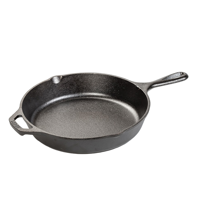 Handcrafted cast iron skillet with a long handle and helper grip, made in USA, designed for lasting heat retention and versatile use in Kitchen & Food, Cookware, Cast Iron, and Best Sellers collections.