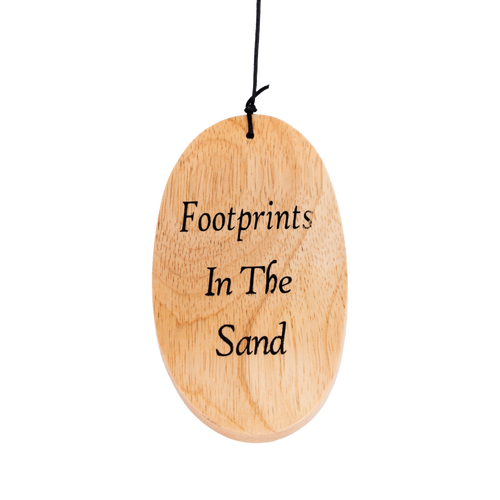 Handcrafted wooden windcatcher with engraved "Footprints In The Sand" text, designed for the Footprints Hand-Tuned Windchime - 40", ideal for Farm, Garden & Tool and Garden Accessories collections.