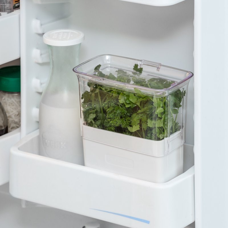 Clear herb keeper with removable dividers and refill window, designed to fit refrigerator door shelves and extend herb freshness in Kitchen & Food and Kitchen Gadgets collections.