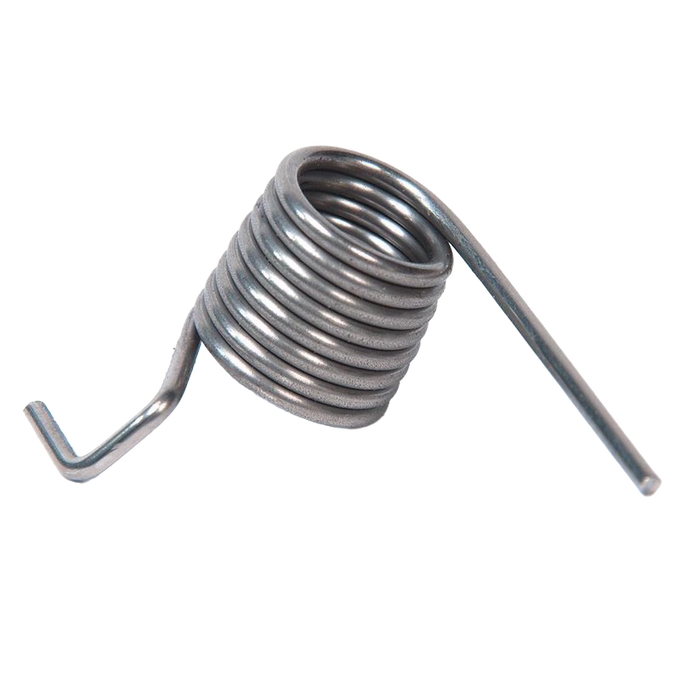 Close-up of a metal replacement spring designed for use in apple peelers, ideal for farm, garden, kitchen, and specialty equipment collections.