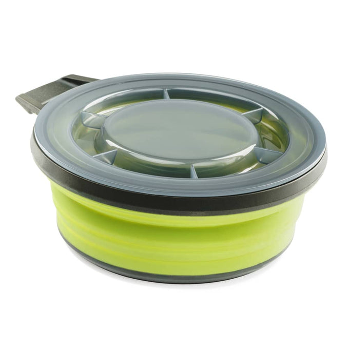 Green collapsible camping bowl with a secure, clear screw-on lid and convenient handle, designed for outdoor use and included in Farm, Garden & Tool, Camping, and Best Sellers collections.