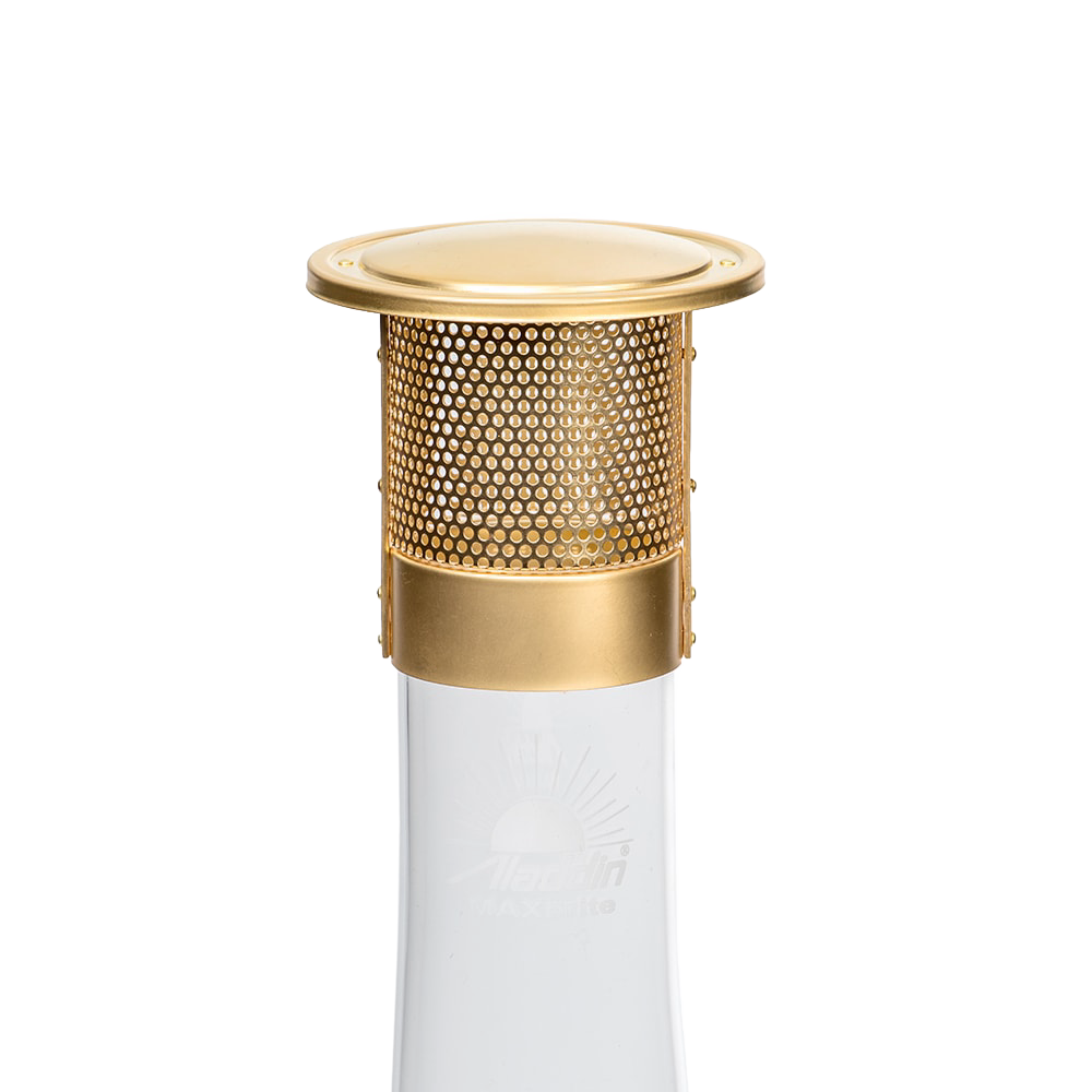 Brass-colored metal heatshield with perforated sides and solid top dome, designed to fit atop an oil lamp chimney to protect mantles and repel insects, featured in Lamps & Lighting, Parts and Accessories, Wicks and Mantles, Best Sellers, and Promo Eligible collections.