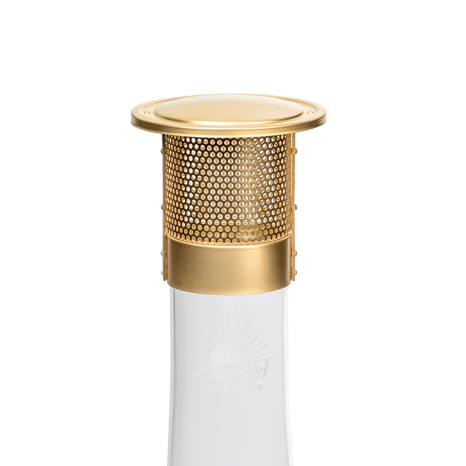 Brass-colored metal heatshield with perforated sides and solid top dome, designed to fit atop an oil lamp chimney to protect mantles and repel insects, featured in Lamps & Lighting, Parts and Accessories, Wicks and Mantles, Best Sellers, and Promo Eligible collections.