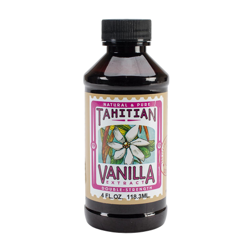 Dark amber bottle of double strength Tahitian vanilla extract with floral label, featuring natural and pure ingredients, fitting Kitchen & Food and Pantry collections.