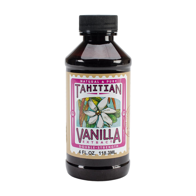 Dark amber bottle of double strength Tahitian vanilla extract with floral label, featuring natural and pure ingredients, fitting Kitchen & Food and Pantry collections.
