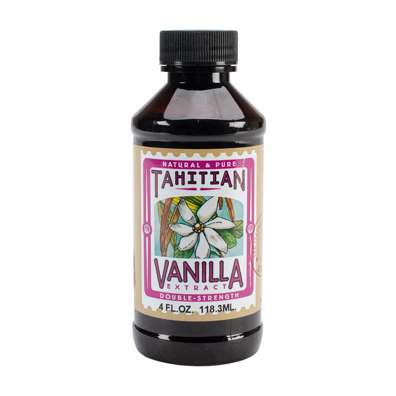 Dark amber bottle of double strength Tahitian vanilla extract with floral label, featuring natural and pure ingredients, fitting Kitchen & Food and Pantry collections.