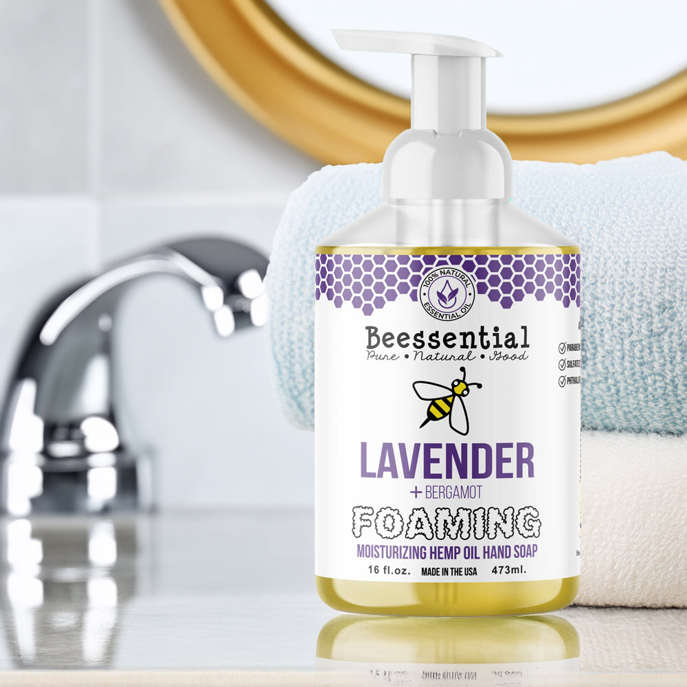 16 fl oz pump bottle of handcrafted natural foaming soap with lavender and bergamot, moisturizing formula with hemp oil, made in small batches in the USA, ideal for Health & Wellness and Soaps collections.
