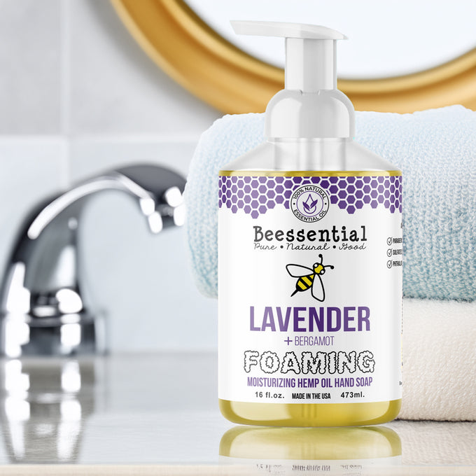 16 fl oz pump bottle of handcrafted natural foaming soap with lavender and bergamot, moisturizing formula with hemp oil, made in small batches in the USA, ideal for Health & Wellness and Soaps collections.