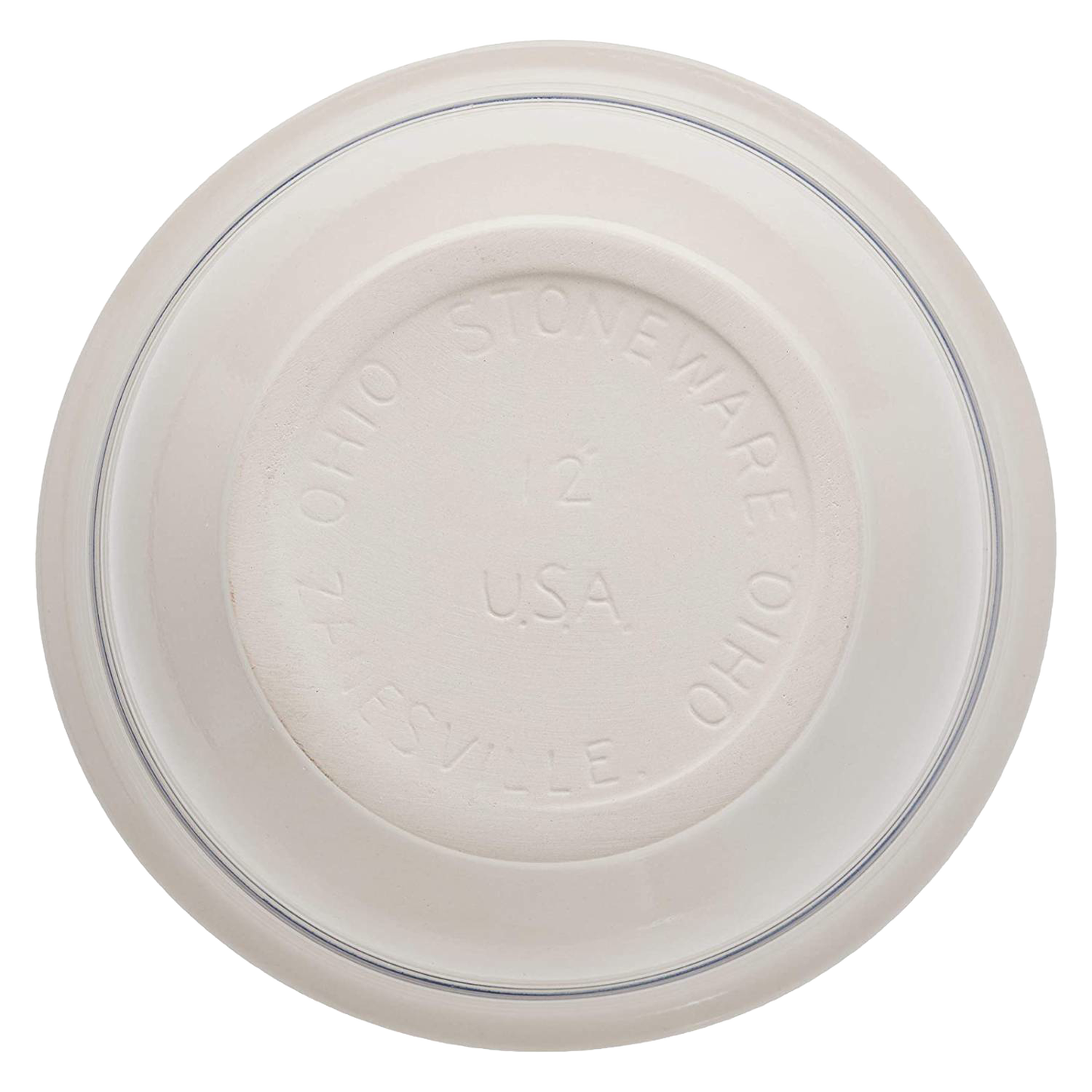 View of the underside of a sturdy, handcrafted stoneware mixing bowl marked with "Ohio Stoneware" and "USA," showcasing quality craftsmanship for Kitchen & Food, Cookware, Baking Supplies, and Storage and Serving collections.