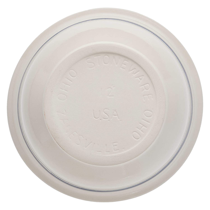 View of the underside of a sturdy, handcrafted stoneware mixing bowl marked with "Ohio Stoneware" and "USA," showcasing quality craftsmanship for Kitchen & Food, Cookware, Baking Supplies, and Storage and Serving collections.