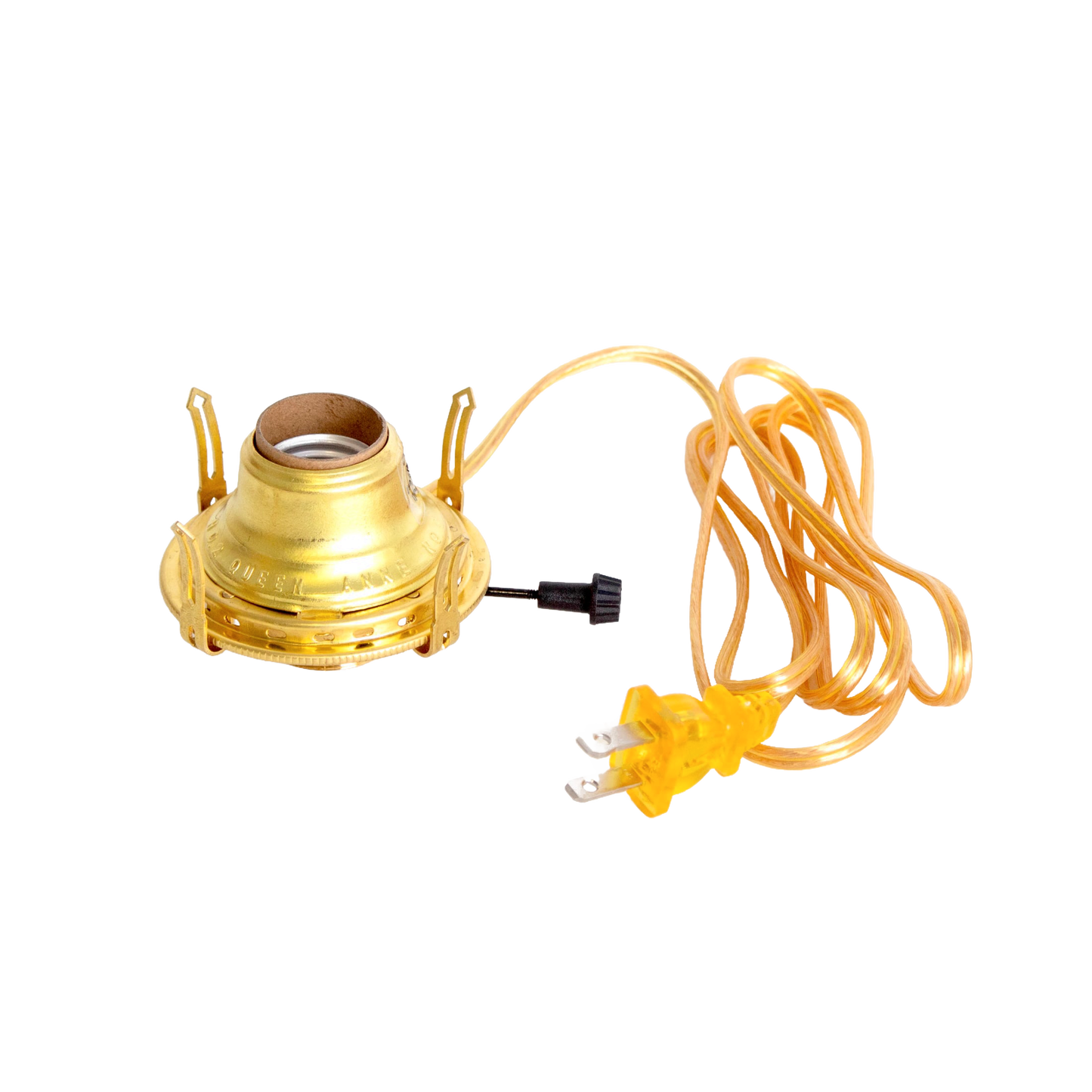 Solid brass electrified burner with UL listed components and clear gold six-foot cord, featuring threaded base for 3-inch chimneys, part of Lamps & Lighting and Electric Conversion collections.