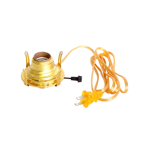 Solid brass electrified burner with UL listed components and clear gold six-foot cord, featuring threaded base for 3-inch chimneys, part of Lamps & Lighting and Electric Conversion collections.