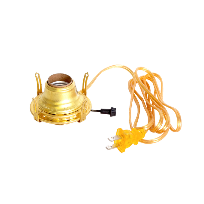 Solid brass electrified burner with UL listed components and clear gold six-foot cord, featuring threaded base for 3-inch chimneys, part of Lamps & Lighting and Electric Conversion collections.