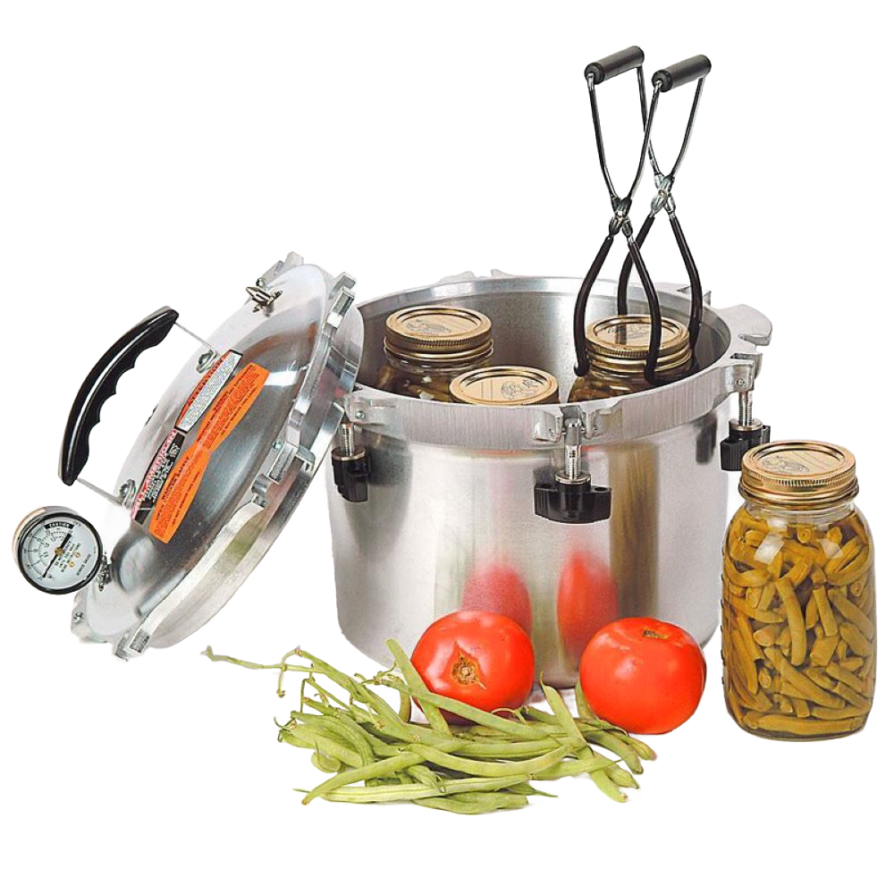 Stainless steel pressure canner with lid open and jars inside, accompanied by fresh green beans and tomatoes, designed for food preservation and pressure canning, made in USA.
