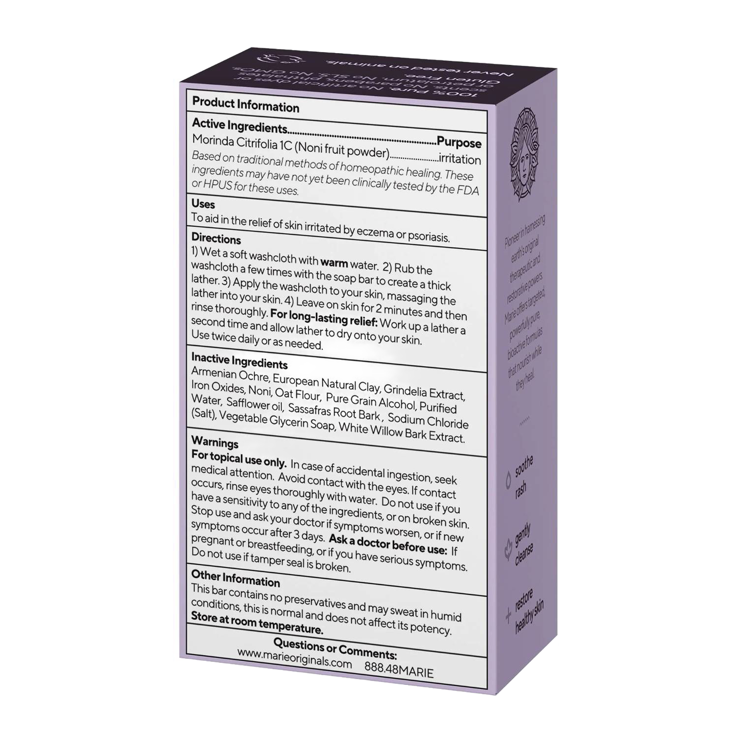Handcrafted all-natural soap bar formulated to soothe eczema and psoriasis, made in USA, featuring morinda fruit powder and enriched with essential oils for moisturizing relief, part of Health & Wellness and Grooming collections.
