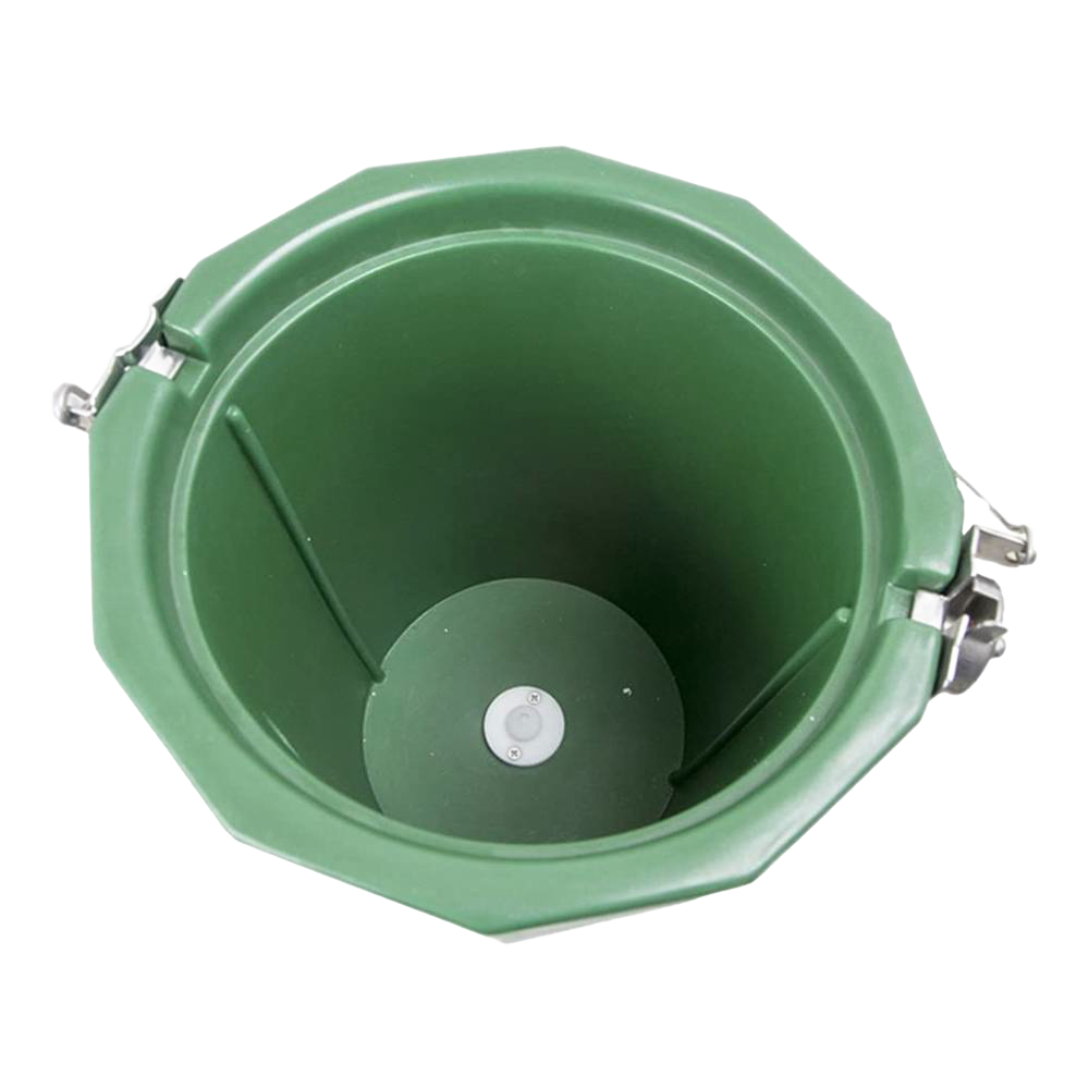 Green poly ice cream freezer bucket interior with three metal latch clasps, handcrafted Amish made, ideal for kitchen specialty equipment and homemade ice cream making.