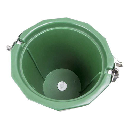 Green poly ice cream freezer bucket interior with three metal latch clasps, handcrafted Amish made, ideal for kitchen specialty equipment and homemade ice cream making.