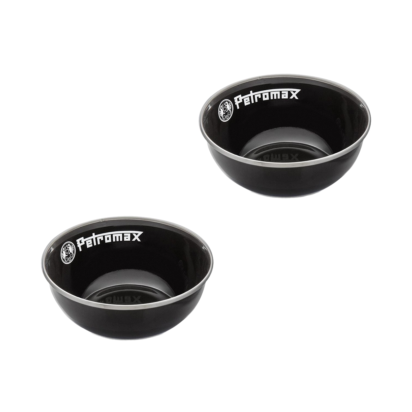 Two black enamel bowls with white rims and Petromax logos, crafted for durable, corrosion- and heat-resistant use in Farm, Garden & Tool, Kitchen & Food, Camping, Dinnerware, Best Sellers, and Promo Eligible collections.