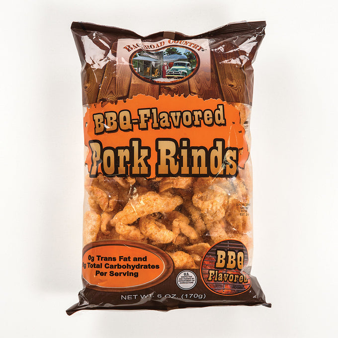 Handcrafted BBQ-flavored pork rinds in a 6-ounce bag, made in USA, perfect snack for Kitchen & Food, Food, Snacks and Sweets, USA Made, Best Sellers, and Promo Eligible collections.