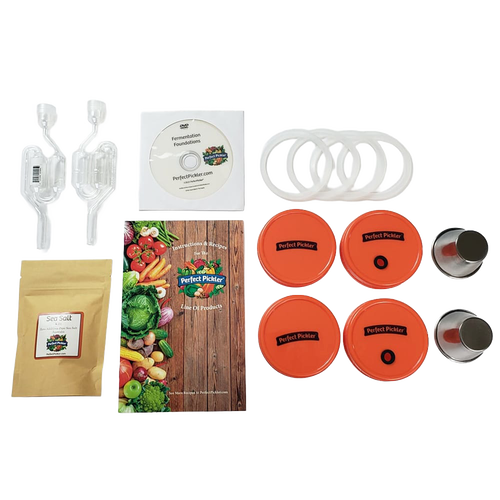 Handcrafted fermenting kit featuring two jar-top fermentors with orange lids, airlocks, gaskets, salt packet, and recipe guide, designed for Kitchen & Food, Food Preservation, and USA Made collections.
