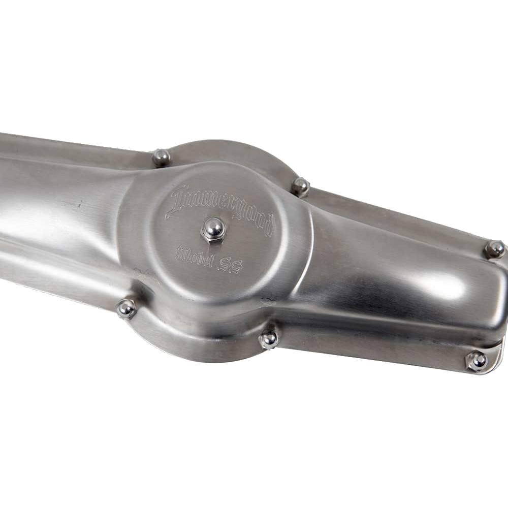 Polished stainless steel ice cream freezer paddle assembly with embossed lettering, handcrafted for use in Amish made kitchen and specialty equipment collections.