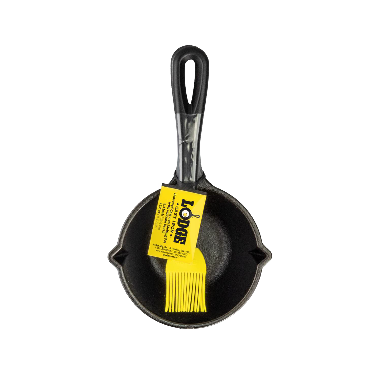 Seasoned cast iron melting pot with black handle and bright yellow silicone basting brush, designed for even heating and heat retention, ideal for Kitchen & Food, Cookware, and Cast Iron collections.