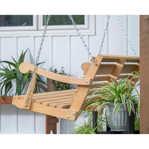 Handcrafted classic-style cypress porch swing with a comfortable slanted back, suspended by sturdy chains, made in USA, Amish made, featured in Outdoor Furniture and Home & Decor collections.