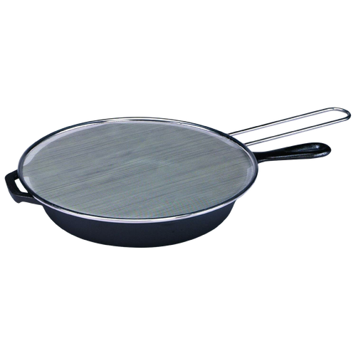 Round stainless steel splatter screen protecting a black skillet, designed to keep cooking areas clean, featured in Kitchen & Food, Kitchen Gadgets, Cooking and Baking Helpers, Best Sellers, and Promo Eligible collections.