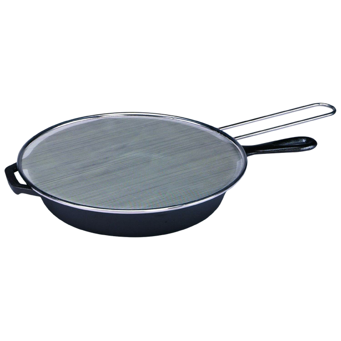 Round stainless steel splatter screen protecting a black skillet, designed to keep cooking areas clean, featured in Kitchen & Food, Kitchen Gadgets, Cooking and Baking Helpers, Best Sellers, and Promo Eligible collections.