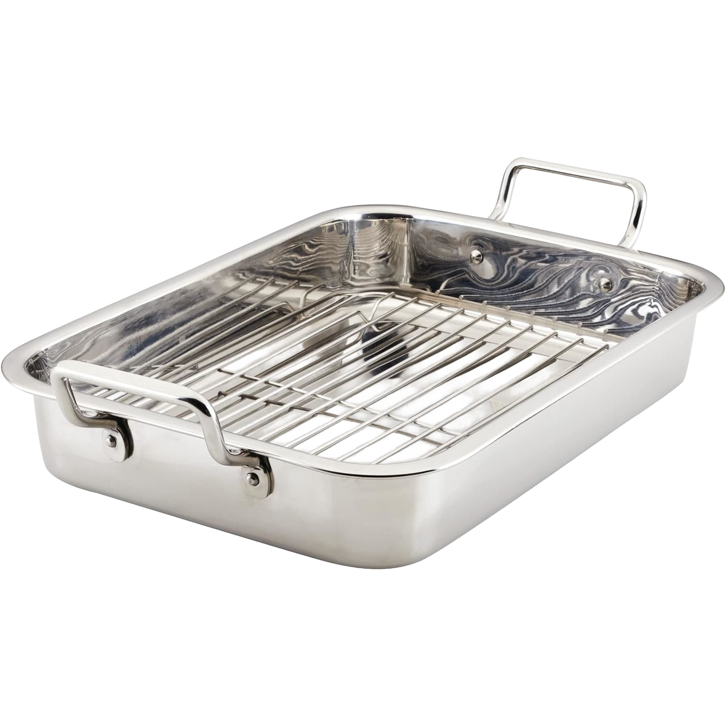 Durable stainless steel roasting pan with removable rack and sturdy handles, ideal for even cooking, featured in Kitchen & Food, Cookware, Pots and Pans, Best Sellers, and Promo Eligible collections.