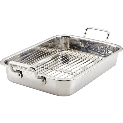 Durable stainless steel roasting pan with removable rack and sturdy handles, ideal for even cooking, featured in Kitchen & Food, Cookware, Pots and Pans, Best Sellers, and Promo Eligible collections.