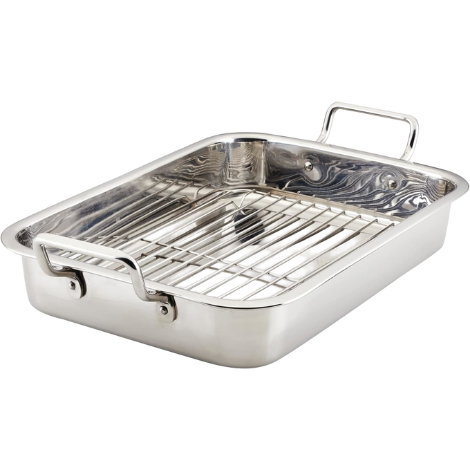 Durable stainless steel roasting pan with removable rack and sturdy handles, ideal for even cooking, featured in Kitchen & Food, Cookware, Pots and Pans, Best Sellers, and Promo Eligible collections.