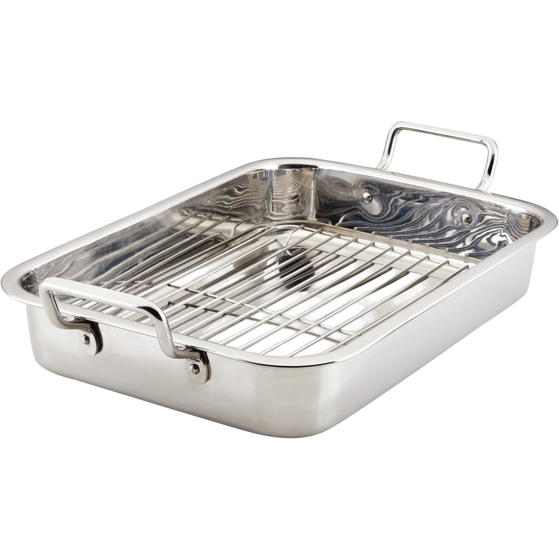 Durable stainless steel roasting pan with removable rack and sturdy handles, ideal for even cooking, featured in Kitchen & Food, Cookware, Pots and Pans, Best Sellers, and Promo Eligible collections.