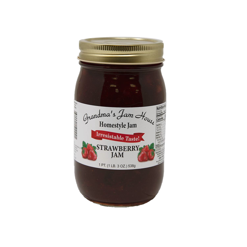 Handcrafted jar of strawberry jam with gold lid and white label displaying strawberry illustrations and "Irresistable Taste," made in USA, featured in Kitchen & Food, Food, Pantry, Peanut Butter & Jellies, Best Sellers, and Promo Eligible collections.
