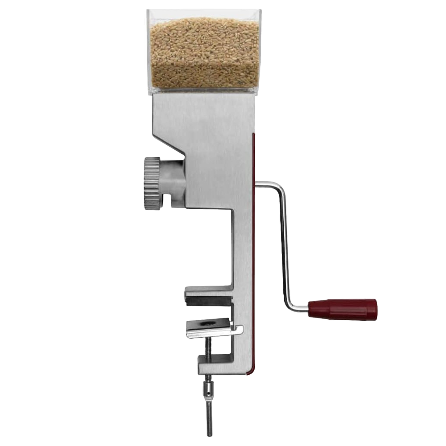 Handcrafted Deluxe Compact Grain Mill with stainless steel body, adjustable front grind dial, clear hopper filled with grain, and a red wooden handle, ideal for Kitchen & Food and Grain Mills collections.