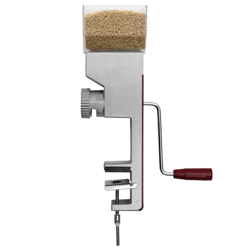 Handcrafted Deluxe Compact Grain Mill with stainless steel body, adjustable front grind dial, clear hopper filled with grain, and a red wooden handle, ideal for Kitchen & Food and Grain Mills collections.