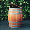 Handcrafted 5-gallon wooden railroad keg with metal bands and hinged lid, made in USA, blending rustic charm for home decor, farm, garden, and homesteading use.