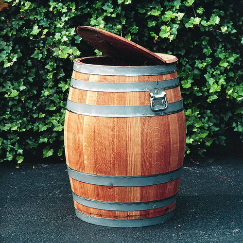 Handcrafted 5-gallon wooden railroad keg with metal bands and hinged lid, made in USA, blending rustic charm for home decor, farm, garden, and homesteading use.