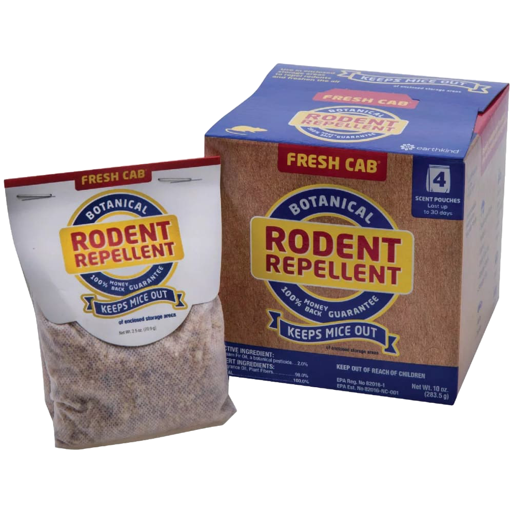 Box and pouch of botanical rodent repellent featuring pungent balsam fir scent to deter mice, suitable for Farm, Garden & Tool, Pest Control, USA Made, and Best Sellers collections.
