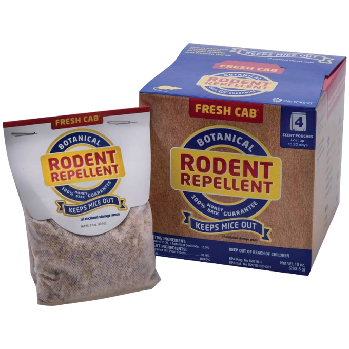 Box and pouch of botanical rodent repellent featuring pungent balsam fir scent to deter mice, suitable for Farm, Garden & Tool, Pest Control, USA Made, and Best Sellers collections.
