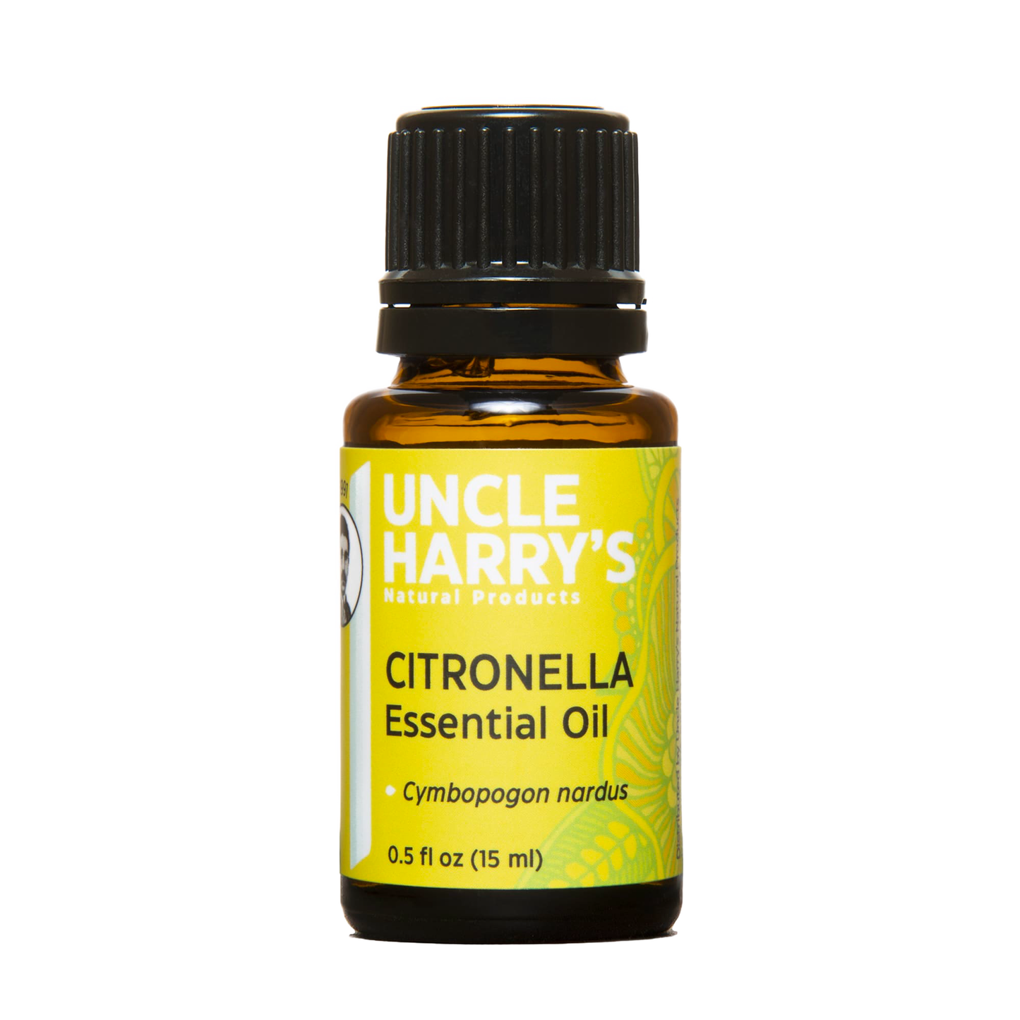 Amber glass bottle of handcrafted citronella essential oil with black cap and bright yellow label, made in USA, ideal for Health & Wellness, Soapmaking, and Candlemaking collections.