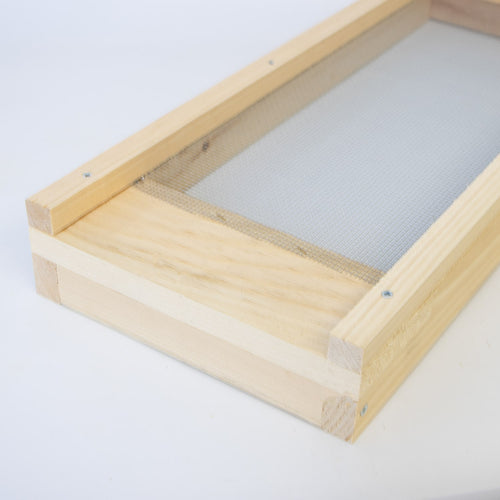 Close-up of a handcrafted Amish made wooden screen base with fine metal mesh for beekeeping, part of 5-frame hive components in Farm, Garden & Tool and USA Made collections.