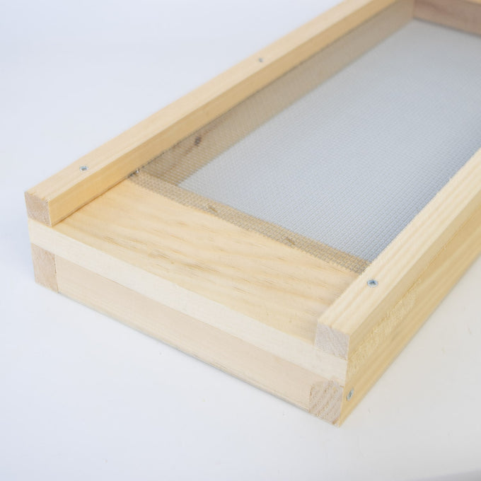 Close-up of a handcrafted Amish made wooden screen base with fine metal mesh for beekeeping, part of 5-frame hive components in Farm, Garden & Tool and USA Made collections.