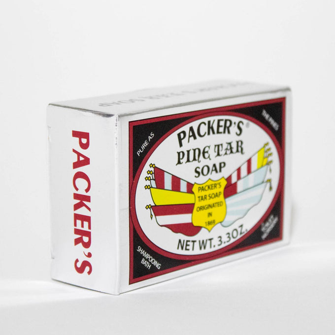 Boxed set of three 3.3 oz bars of Packer’s pine tar soap, crafted in the USA to support skin relief and care, featured in Health & Wellness and Grooming collections.