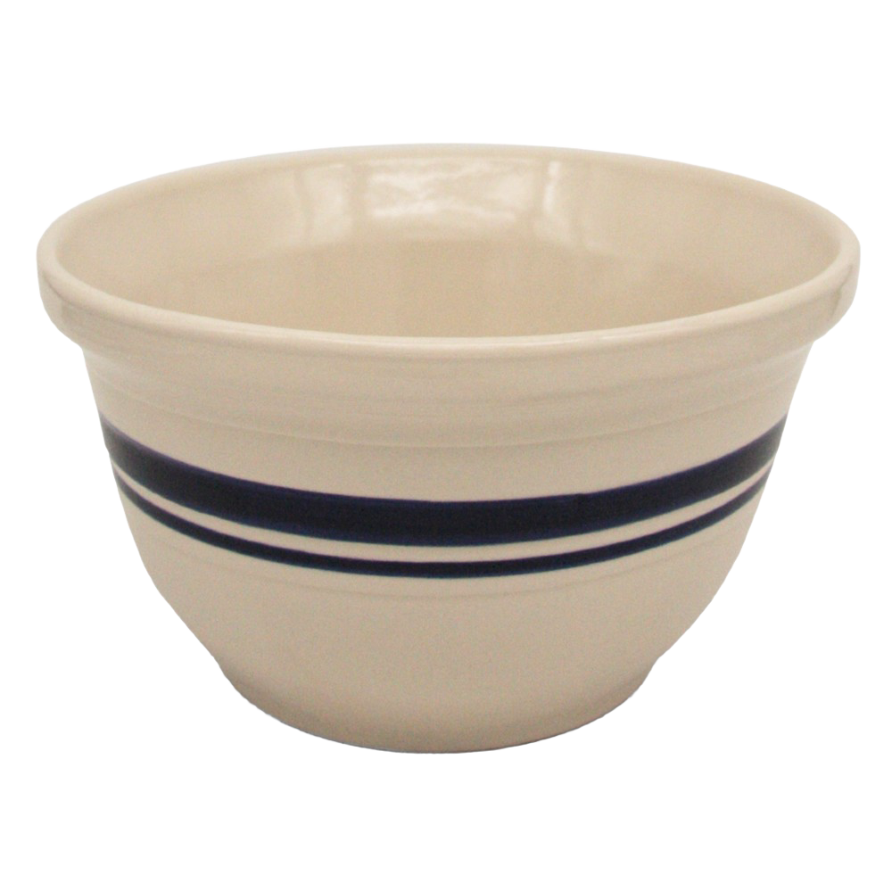 Hefty cream-colored stoneware mixing bowl with two navy blue stripes, handcrafted in the USA, ideal for Kitchen & Food, Cookware, Baking Supplies, Storage and Serving, and Best Sellers collections.